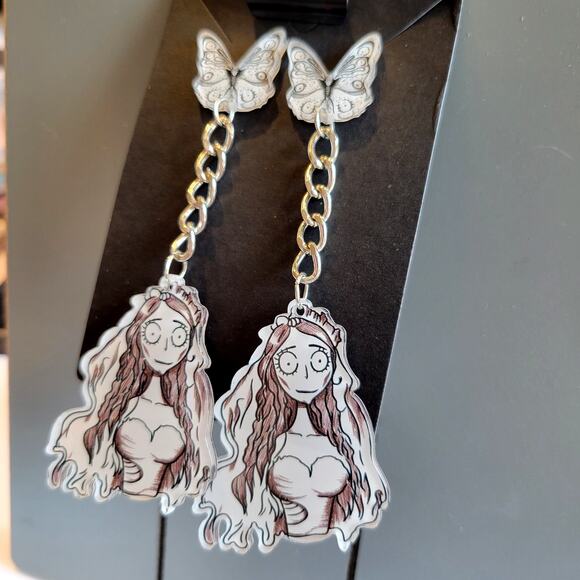Corpse Bride Earrings Gothic Butterfly Chain Dangle Bride Halloween NWT 3.5" - Picture 7 of 12